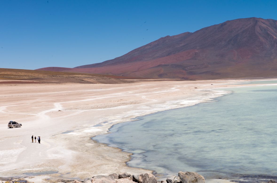 Start the trip on the Chilean-Bolivian border (you can do it in reverse) and the startling Laguna Blanca is the first lagoon you encounter after entering the Eduardo Avaroa Andean Fauna National Reserve.