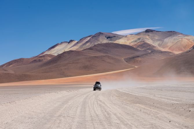 Almost the entire route between Bolivia's dusty town of Uyuni and San Pedro de Atacama, just over the border in Chile, is made up of dirt roads. Drivers often go off-roading through the desert.