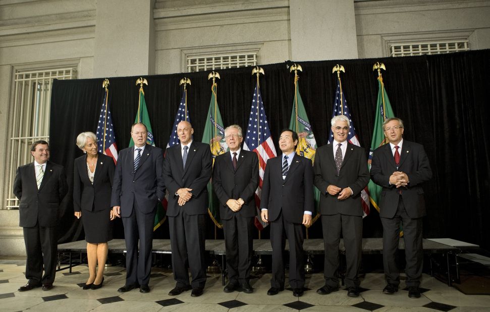 In 2007, the mother of two became Finance and Economy Minister for France, making her the first woman to adopt this position in a G7 country. </p><p>In this picture she stands with her fellow G7 finance ministers in Washington DC.</p><p>From left to right: James Flaherty of Canada, Christine Lagarde of France, Peer Steinbruck of Germany, Henry Paulson of the United States, Tommaso Padoa-Schioppa of Italy, Fukushiro Nukaga of Japan, Alistair Darling of the United Kingdom, and Jean-Claude Juncker of the Eurogroup.  