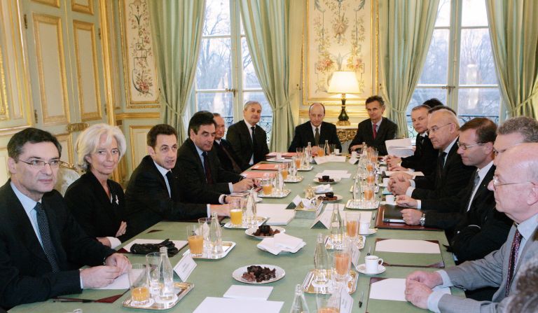 Lagarde was named the best Minister of Finance in the Eurozone in 2009, by the <a  target="_blank" target="_blank">Financial Times</a>. <br /><br />Here she sits with Patrick Devedjian, French President Nicolas Sarkozy and French Prime Minister Francois Fillon to meet with French businessmen at the Elysee Palace in Paris in 2009. 