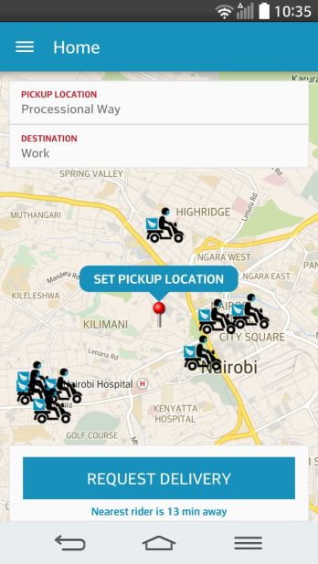 A screen grab from the Sendy app shows what the courier tracking system looks like.