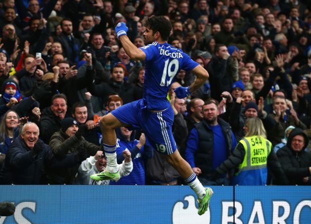 EPL leading scorer Diego Costa adds to his tally with the second goal in Chelsea's 2-0 win over West Ham, his 13th of the season