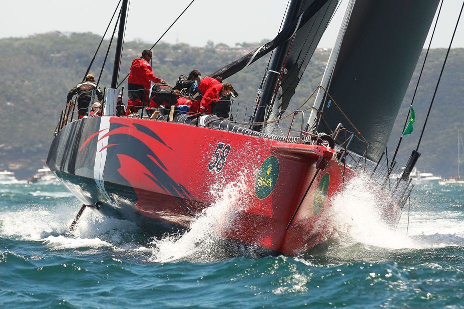 U.S. supermaxi Comanche cuts through the waters soon after the start of the race on Boxing Day. It made a flying start. 