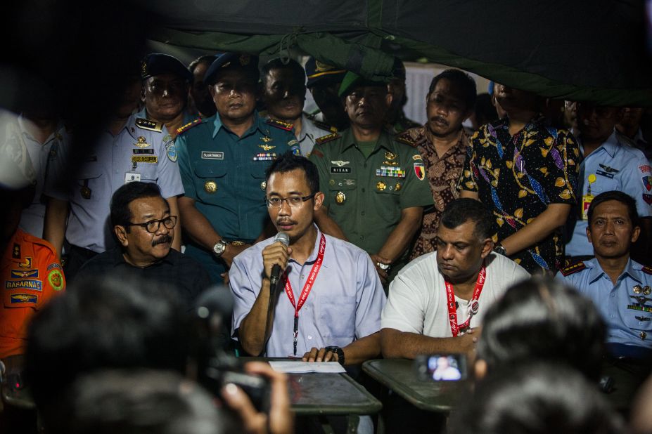 Sunu Widyatmoko, CEO of Indonesia AirAsia, gives a press conference in Surabaya announcing that the flight lost contact with air traffic control.