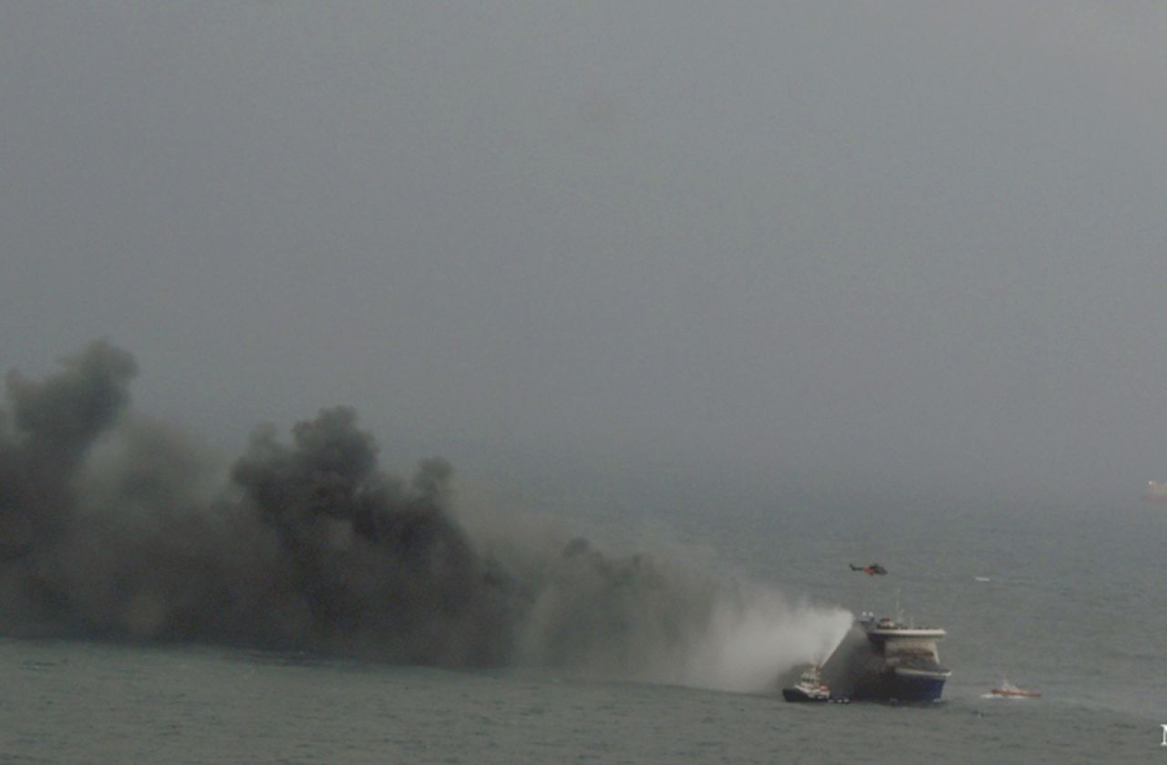 Smoke billows from the ferry. It was heading from Igoumenitsa, Greece, to Ancona, Italy.