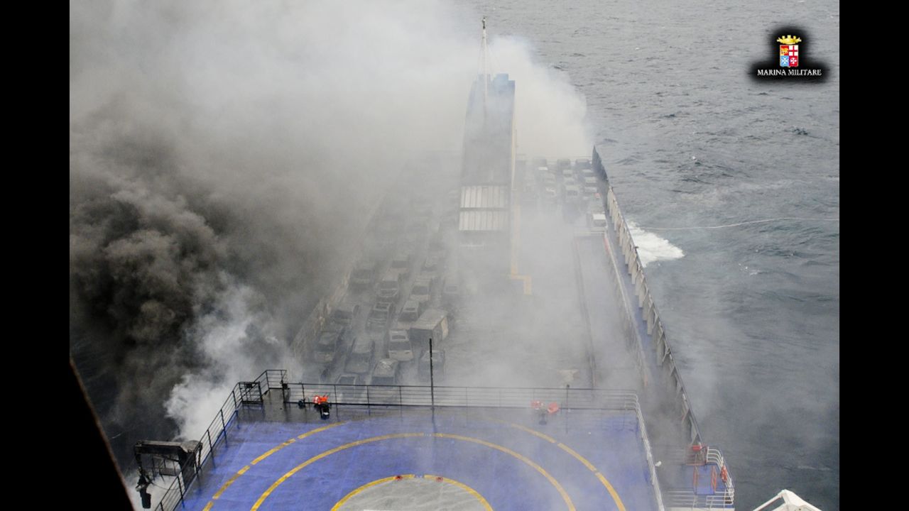 Smoke billows from the Norman Atlantic in the Adriatic Sea on Sunday, December 28, In this image released by the Italian Navy.