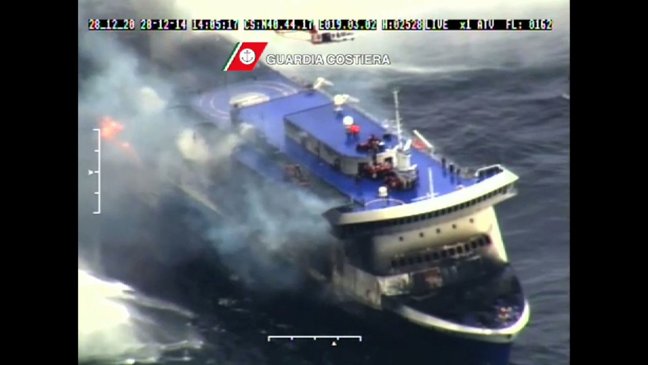 Smoke billows from the Norman Atlantic in the Adriatic Sea on December 28, in this image taken from a video released by the Italian Coast Guard.