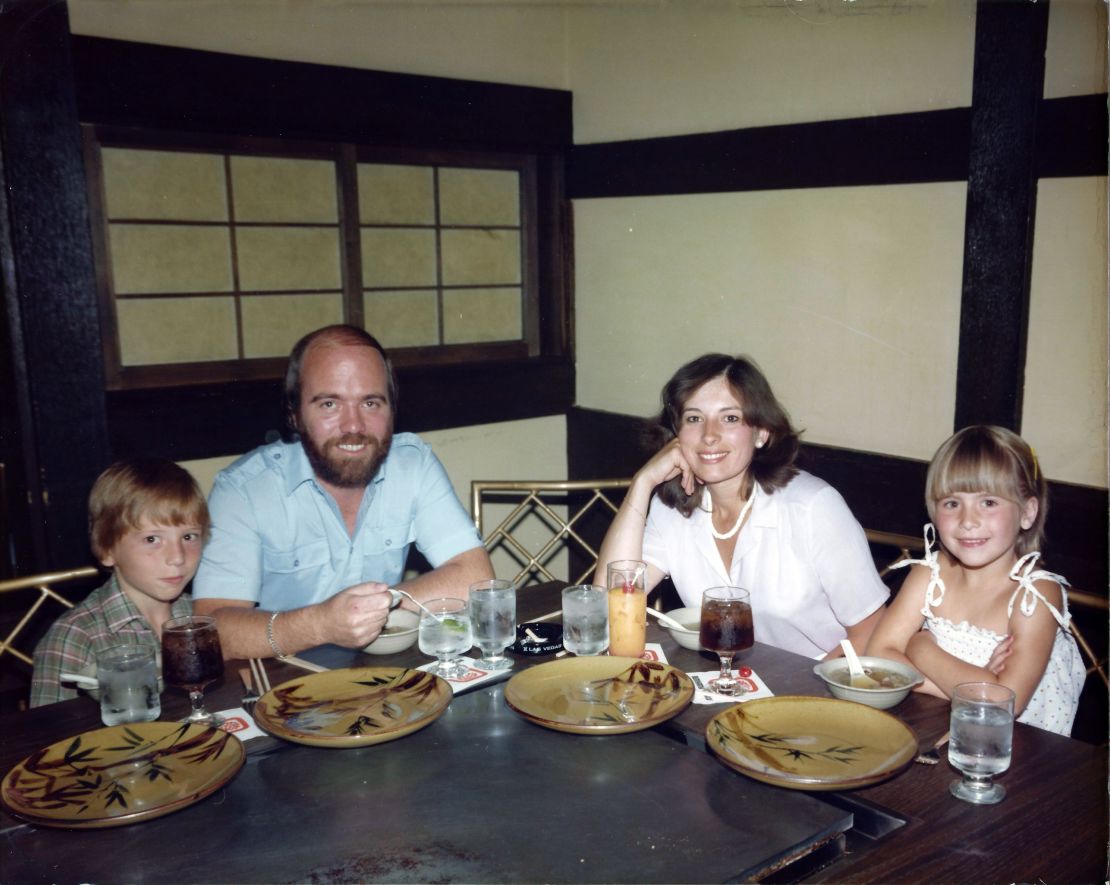Jonathan Hawkins (left) with his father Peter, mother Diane and sister Kate, pictured at the Las Vegas Hilton in 1979.