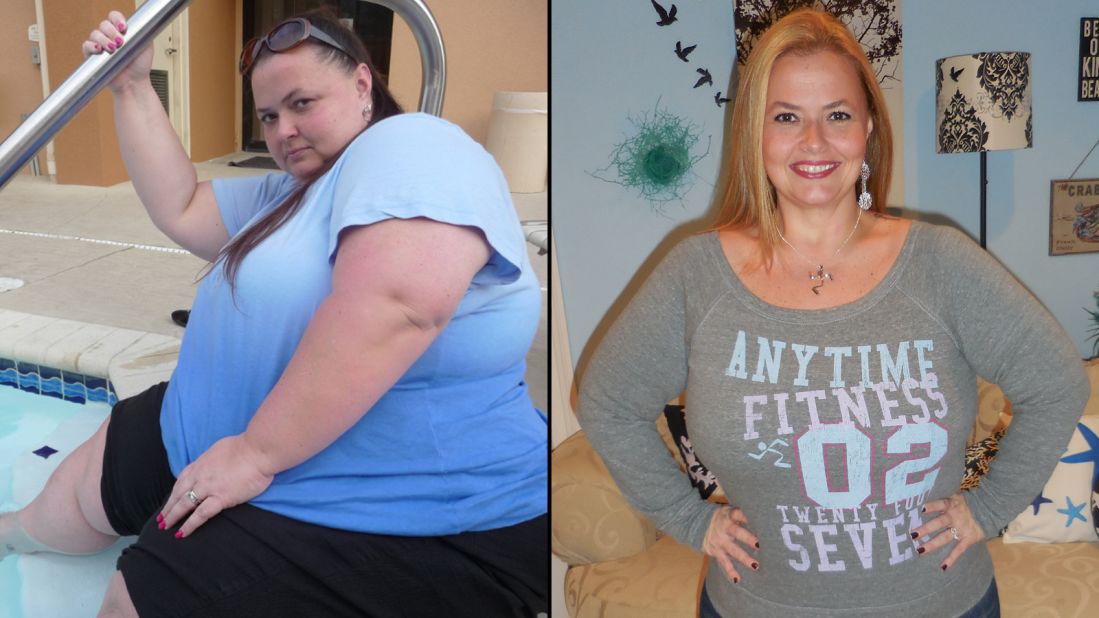 Transformation. Young fat woman becoming slim fit girl. Stock Photo