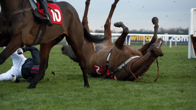 Chesterfield and his jockey, Noel Fehily, fall during a hurdle race Saturday, December 27, in Sunbury-on-Thames, England.