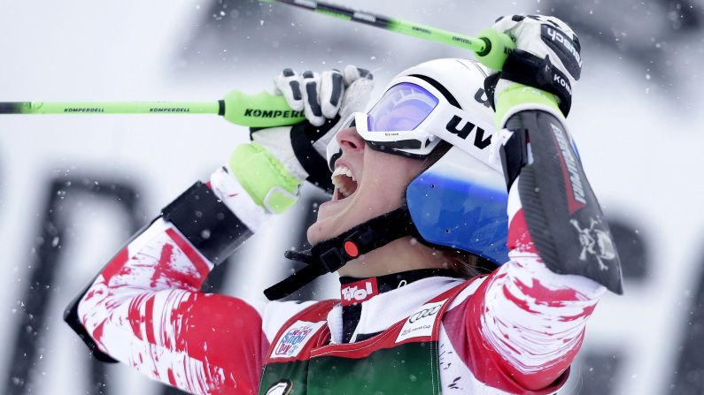 Austrian skier Eva-Maria Brem reacts during a World Cup event in Kuehtai, Austria, on Sunday, December 28. Brem finished fourth in the giant slalom.