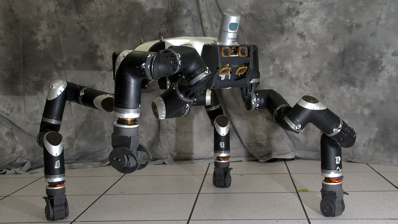 The RoboSimian disaster-response robot has four limbs, seven cameras and a LiDAR system. 