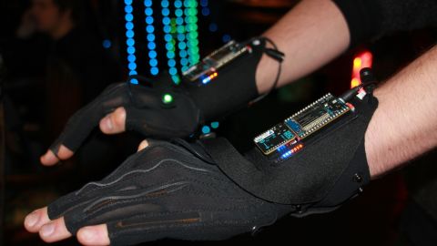 The music-manipulating gloves, as demonstrated by a Mi.Mu team member, are the latest attempt by Grammy Award-winning musician Imogen Heap to bring technology and music together in visually stimulating harmony.