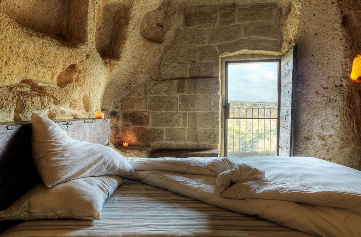 Grotte della Civita in Matera is a resort created from caves that were a refuge for monks, nuns and hermits fleeing persecution in the Middle Ages