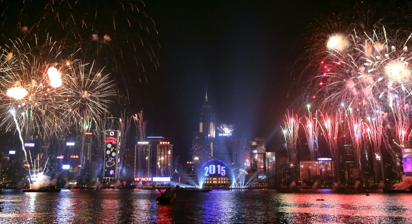 Fireworks explode over the Victoria Harbour as Hong Kong rings in the new year.