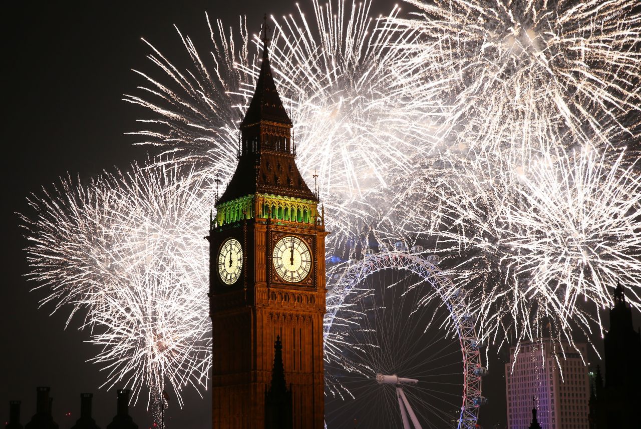 Fireworks light up the skyline and Big Ben in London.