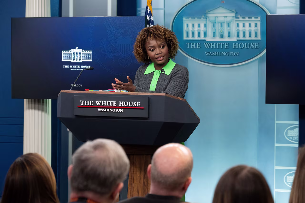 White House Press Secretary Karine Jean-Pierre speaks during a daily press briefing on Thursday in Washington, DC.
