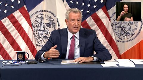 New York City Mayor Bill de Blasio speaks during a press briefing in New York on August 3.