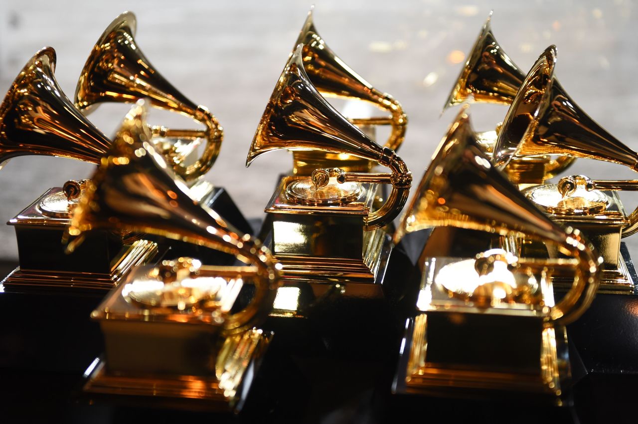 Grammy trophies sit in the press room during the 60th Annual Grammy Awards on January 28, 2018, in New York. 