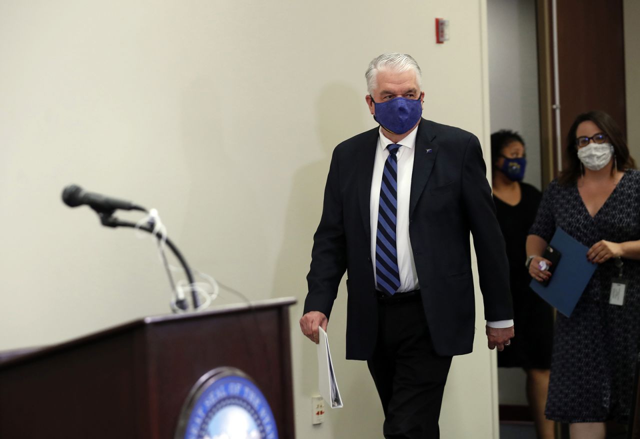 Nevada Governor Steve Sisolak arrives for a news conference at the Grant Sawyer State Building in Las Vegas, on Tuesday, September 29. 