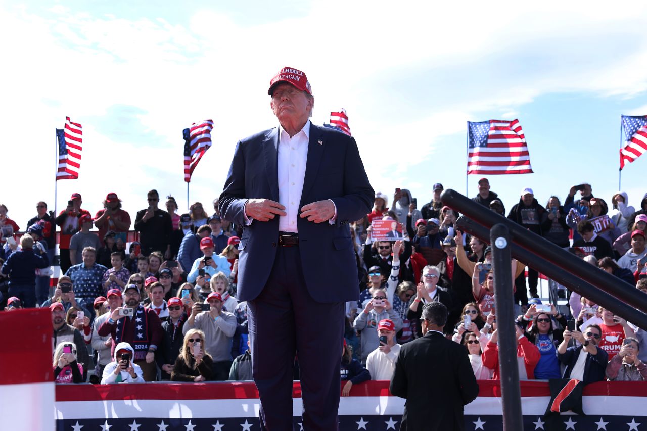 Former President Donald Trump arrives for a rally in Vandalia, Ohio, on March 16.