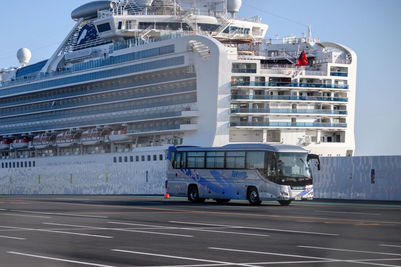 The Diamond Princess cruise ship, in quarantine due to fears of COVID-19, at Daikoku pier cruise terminal in Yokohama.