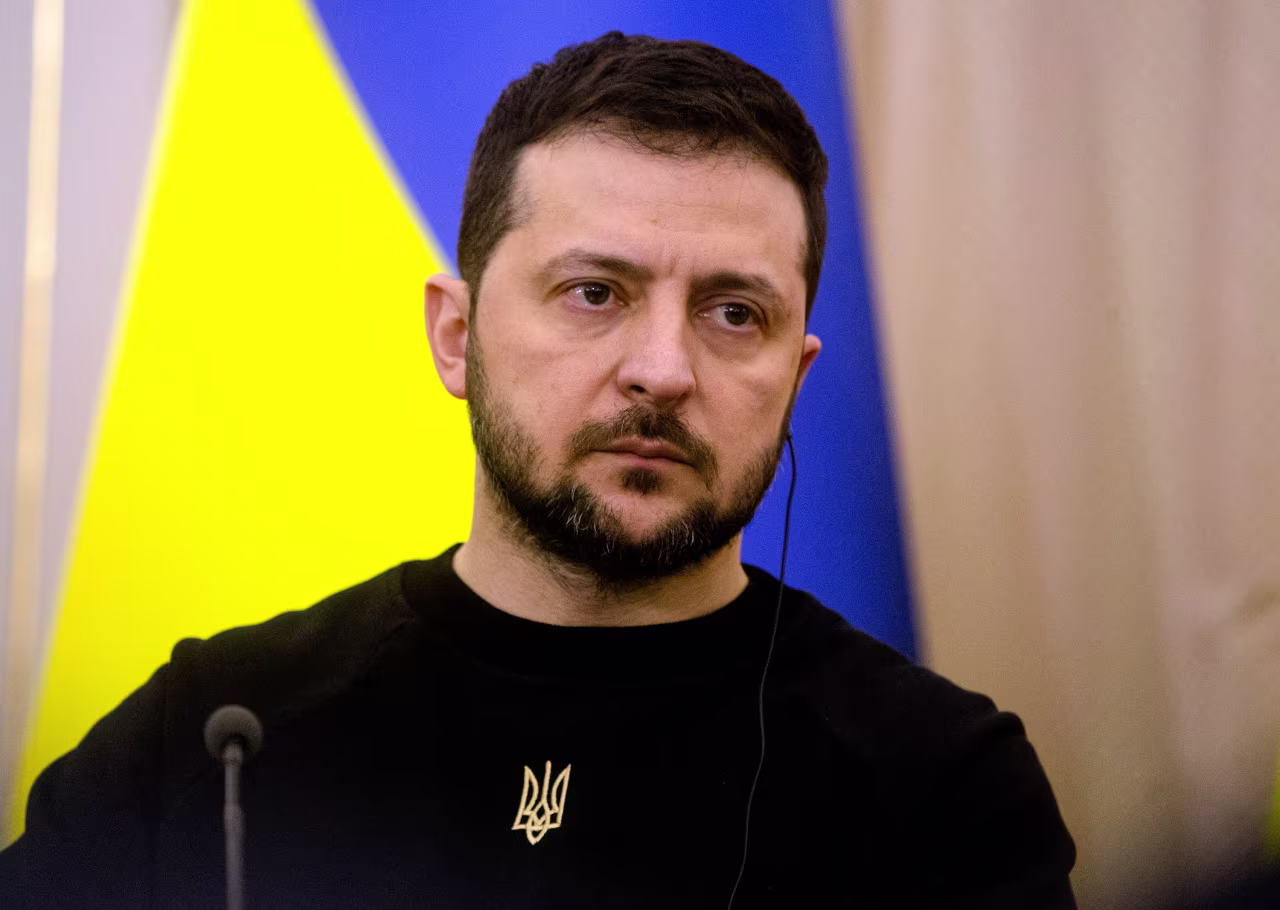 Ukrainian President Volodymyr Zelensky speaks during a tripartite meeting on January 11 in Lviv, Ukraine. 
