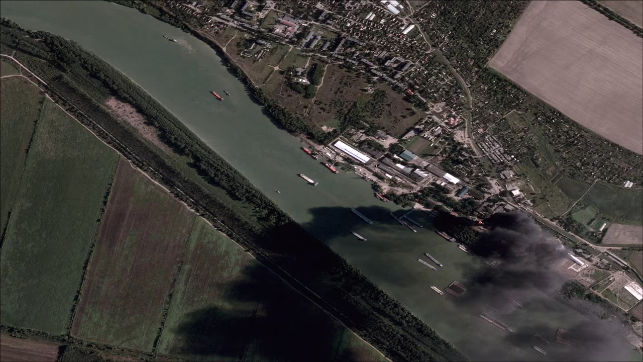 A fire from a purported Russian drone strike in Izmail, Ukraine, continues to burn after 24 hours, as seen in a satellite image taken by BlackSky Thursday morning.