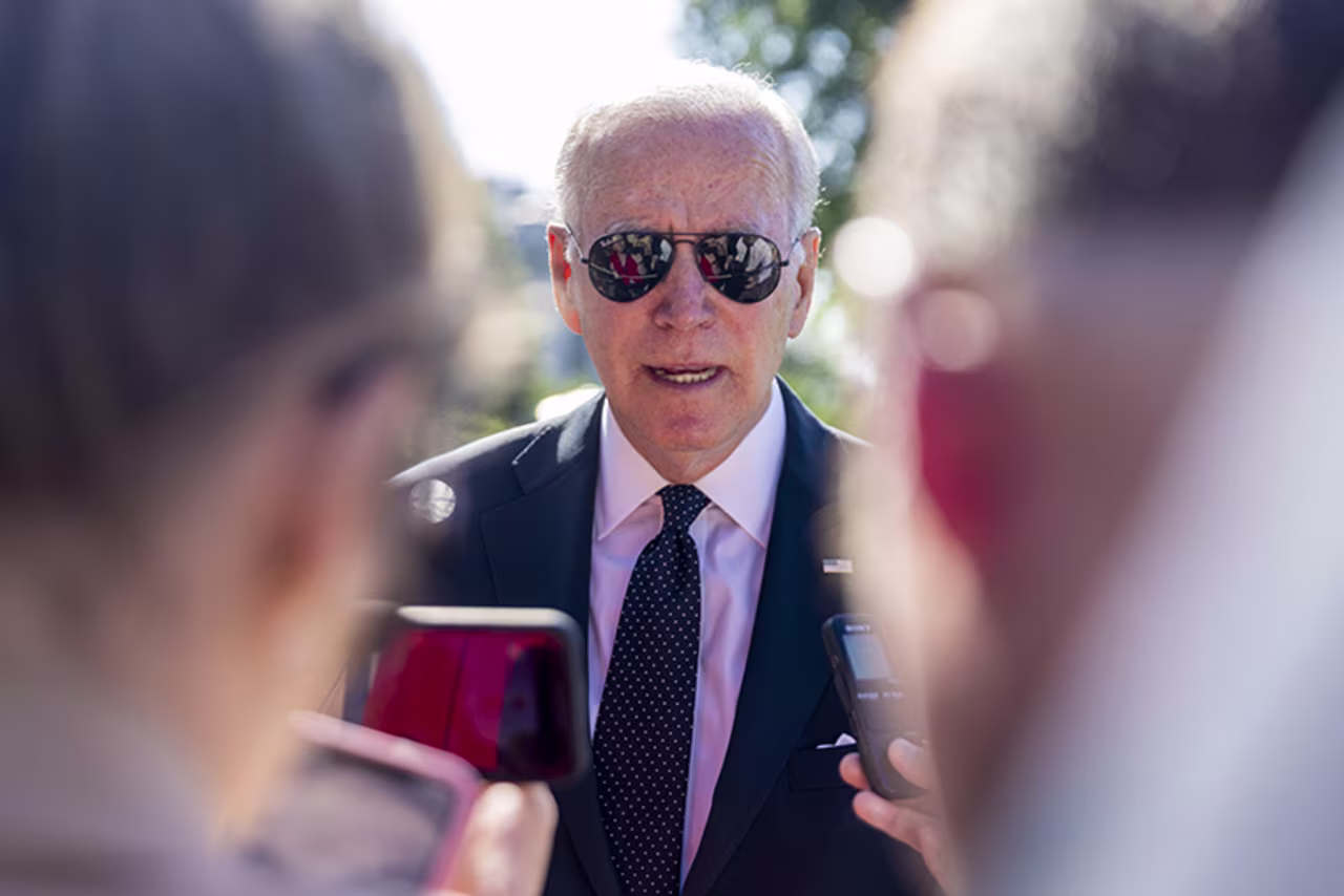 President Joe Biden speaks to the media on the south lawn of the White House today in Washington, DC. 