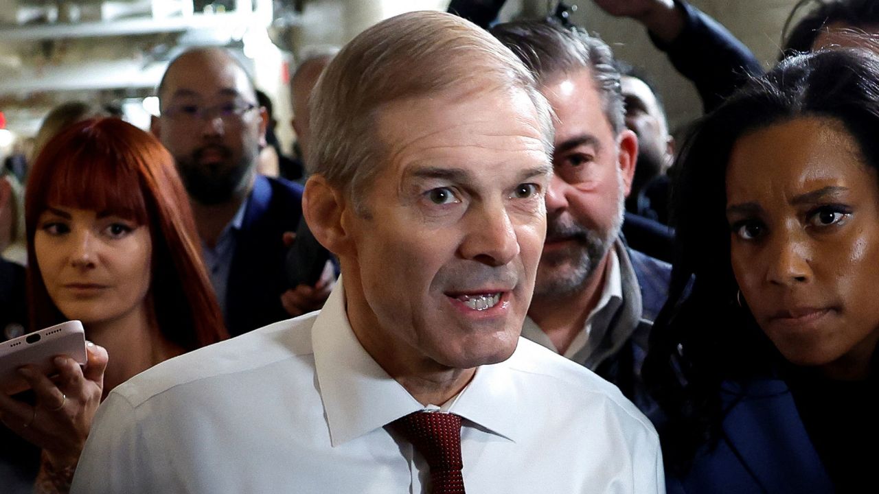 US Rep. Jim Jordan walks to a House Republican Conference meeting on Monday.