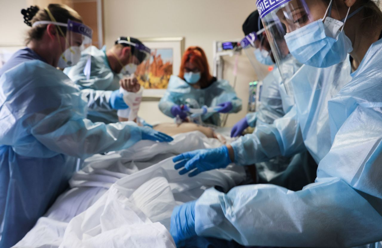 Clinicians tend to a Covid-19 patient at Providence St. Mary Medical Center on January 6 in Apple Valley, California. 