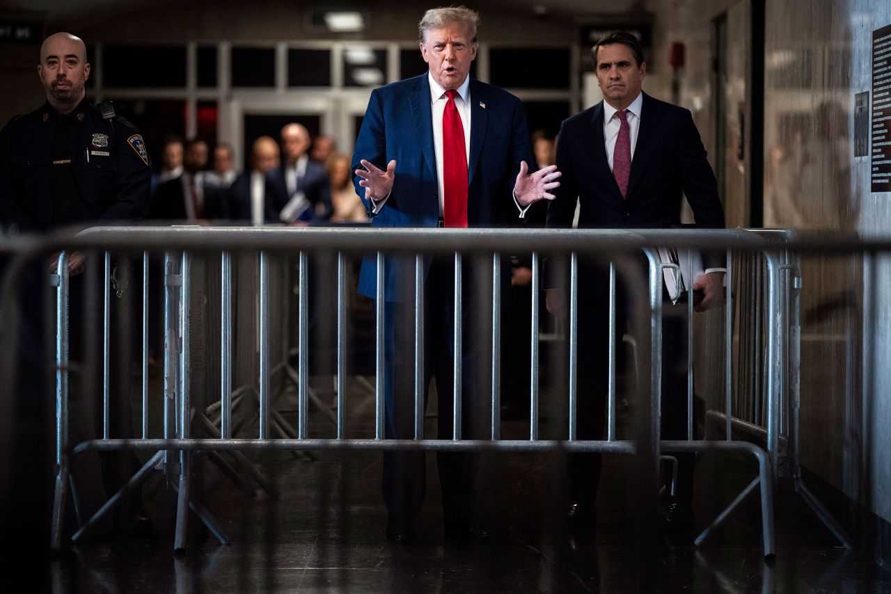 Former President Donald Trump arrives at Manhattan Criminal Court in New York on April 15.