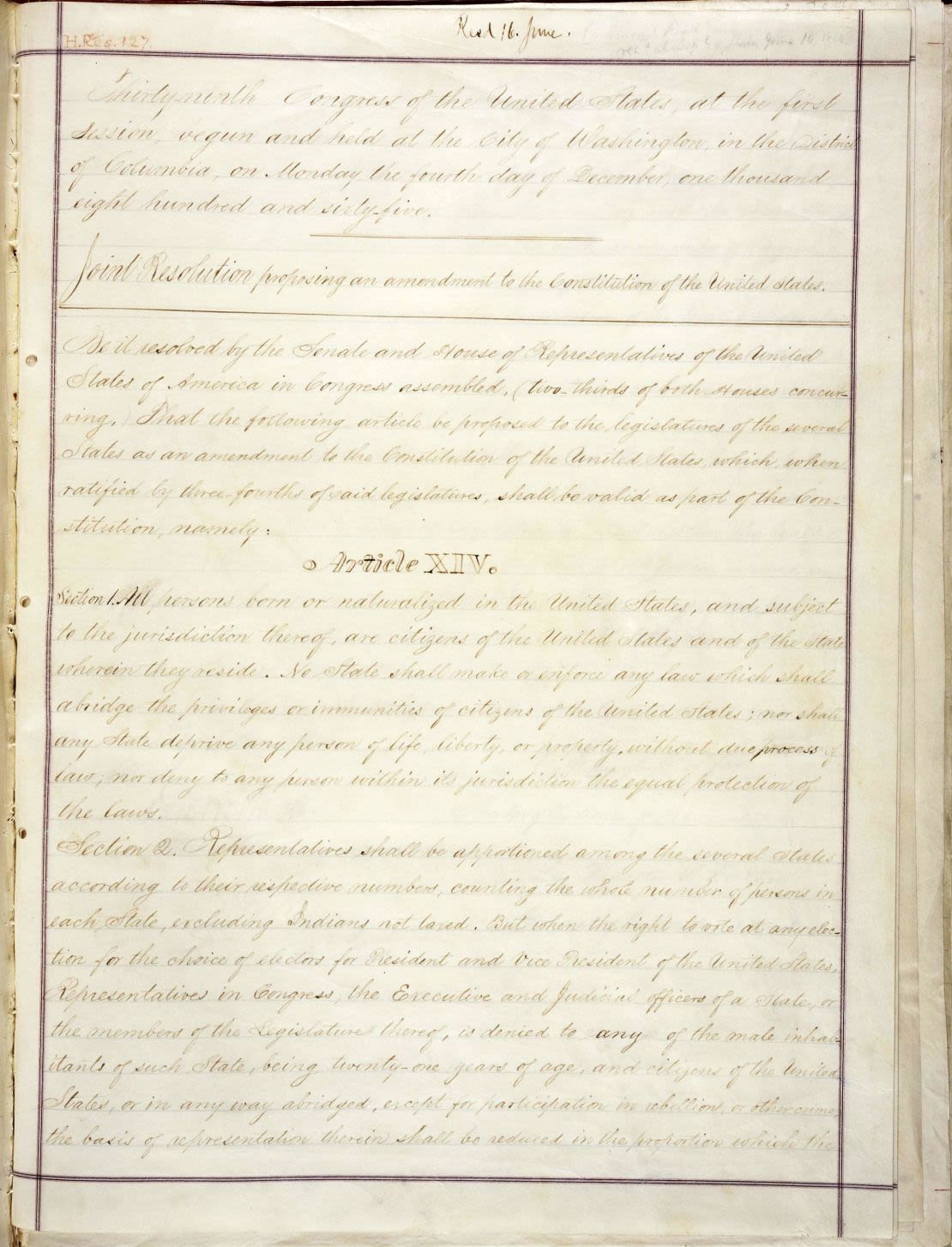 La Decimocuarta Enmienda fue aprobada por el Congreso el 13 de junio de 1866 y ratificada el 9 de julio de 1868.