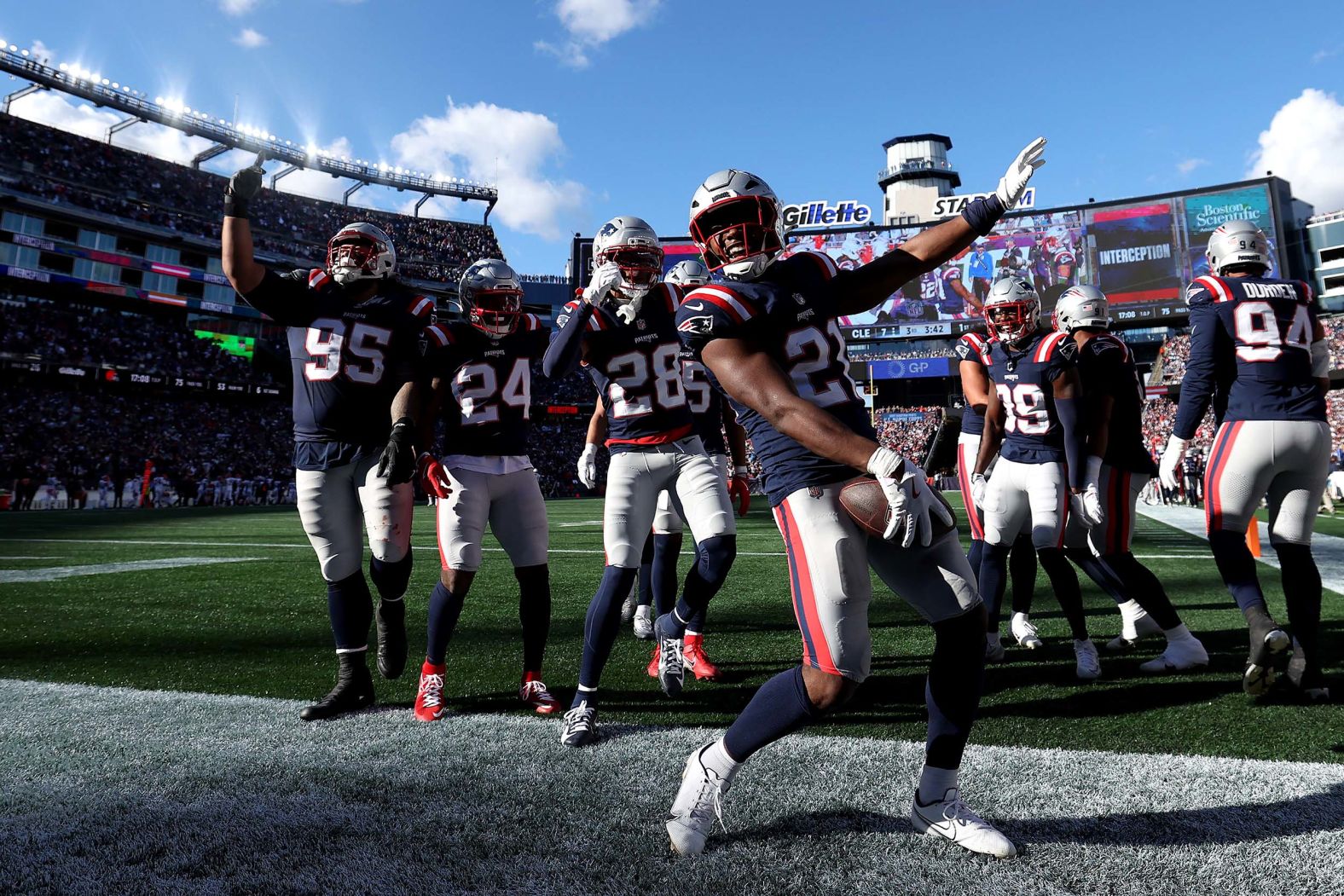 New England Patriots safety Jaylinn Hawkins celebrates an interception during the team’s 32-13 win over the Cleveland Browns on Sunday, October 26.