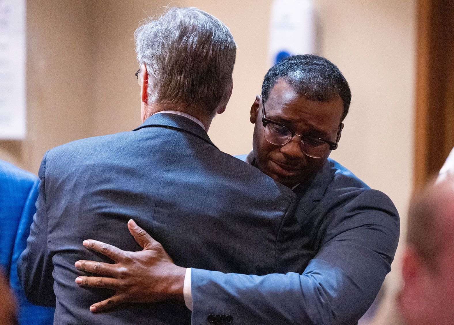 Former Memphis police officer Justin Smith Jr., right, hugs defense attorney Michael Stengel after Smith and two other former police officers, Tadarrius Bean and Demetrius Haley, <a href="index.php?page=&url=https%3A%2F%2Fwww.cnn.com%2F2025%2F05%2F07%2Fus%2Ftyre-nichols-memphis-officers-trial">were acquitted of all state charges</a> in the fatal beating of Tyre Nichols on Wednesday, May 7. The three defendants still face the prospect of years in prison after they were <a href="index.php?page=&url=https%3A%2F%2Fapnews.com%2Farticle%2Ftyre-nichols-beating-death-memphis-officers-trial-5e19e800cd5017c89cb652cfc8235ea2" target="_blank">convicted of federal charges</a> last year, though they were acquitted of the most serious charges.