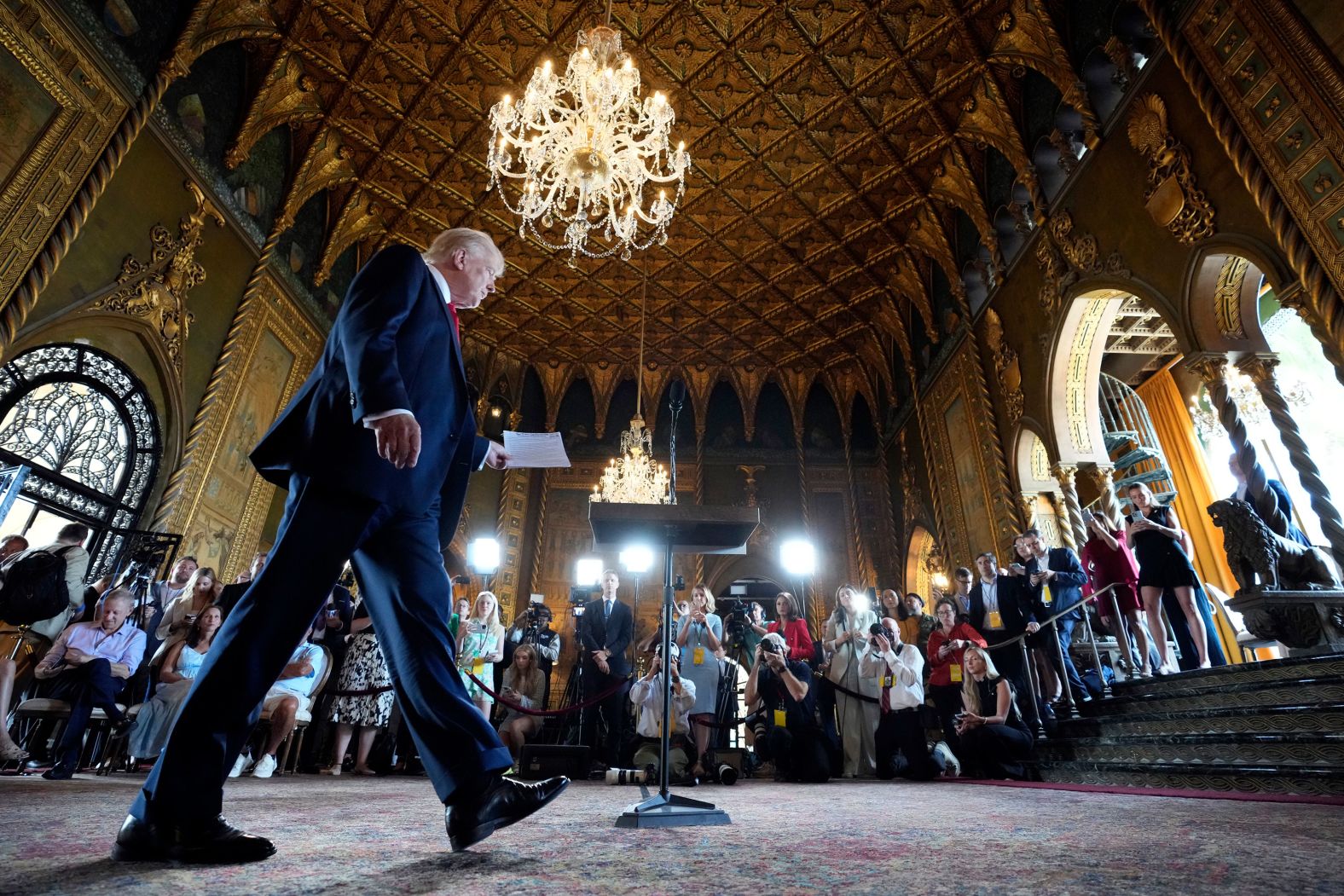 Former US President Donald Trump, the Republican presidential nominee, arrives for a news conference at his Mar-a-Lago estate in Palm Beach, Florida, on Thursday, August 8. It was <a >his first news conference since the Democratic ticket was announced</a>. Over about an hour, Trump fielded a variety of questions and swerved into familiar talking points.