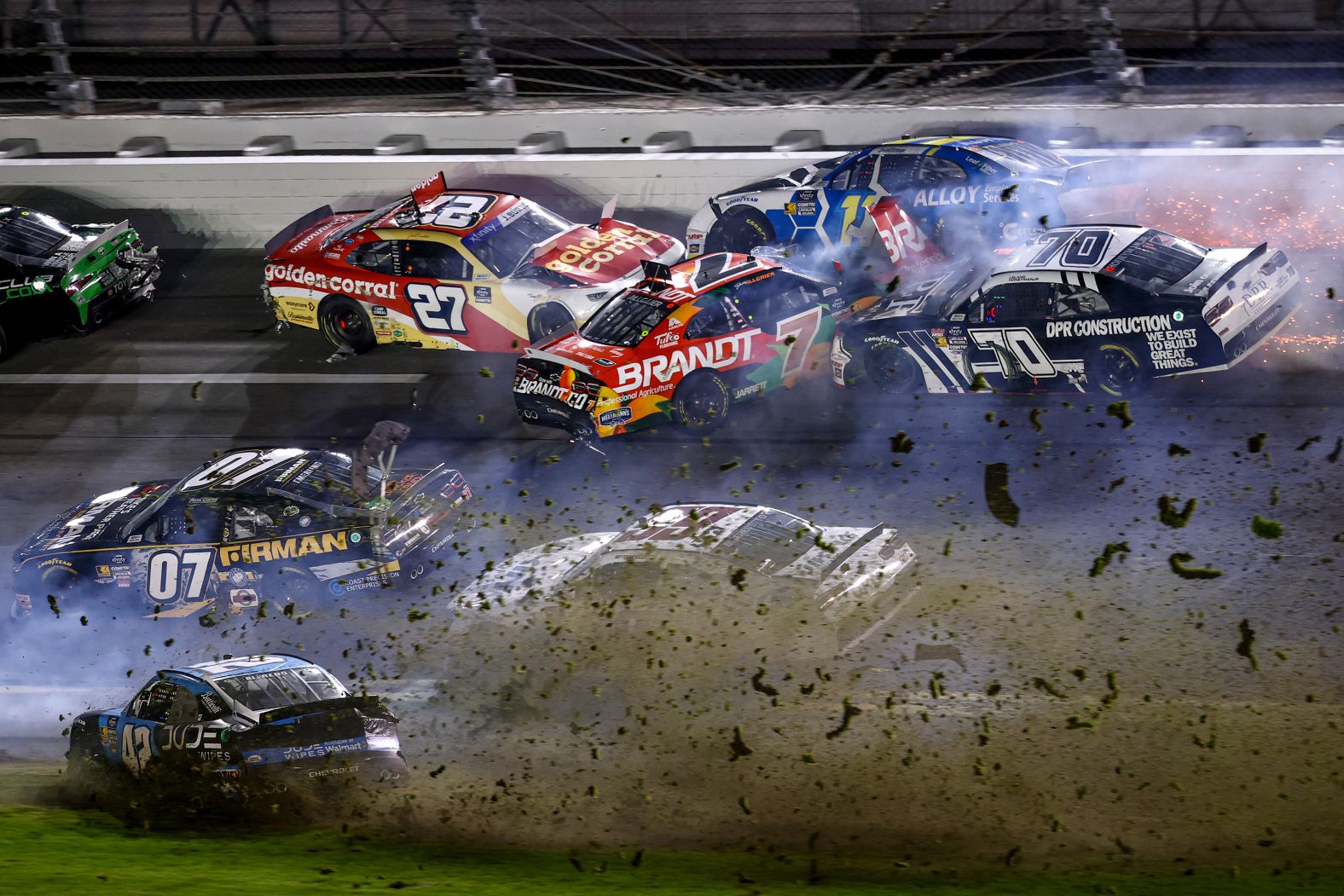 Cars wreck during NASCAR’s Xfinity Series race at Daytona International Speedway on Saturday, February 15.