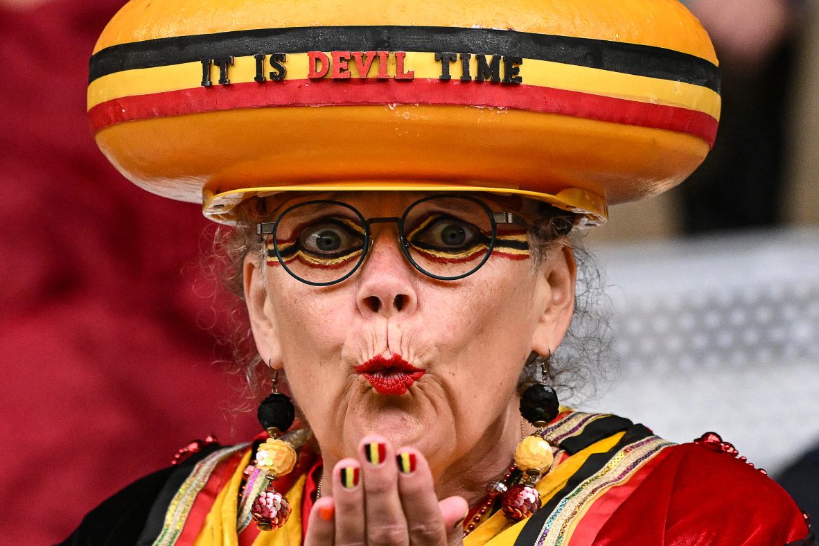 A Belgium supporter attends a soccer match between Belgium and Spain in Thun, Switzerland, on Monday, July 7. Spain won 6-2 in what was a group-stage match at the European Women’s Championship.