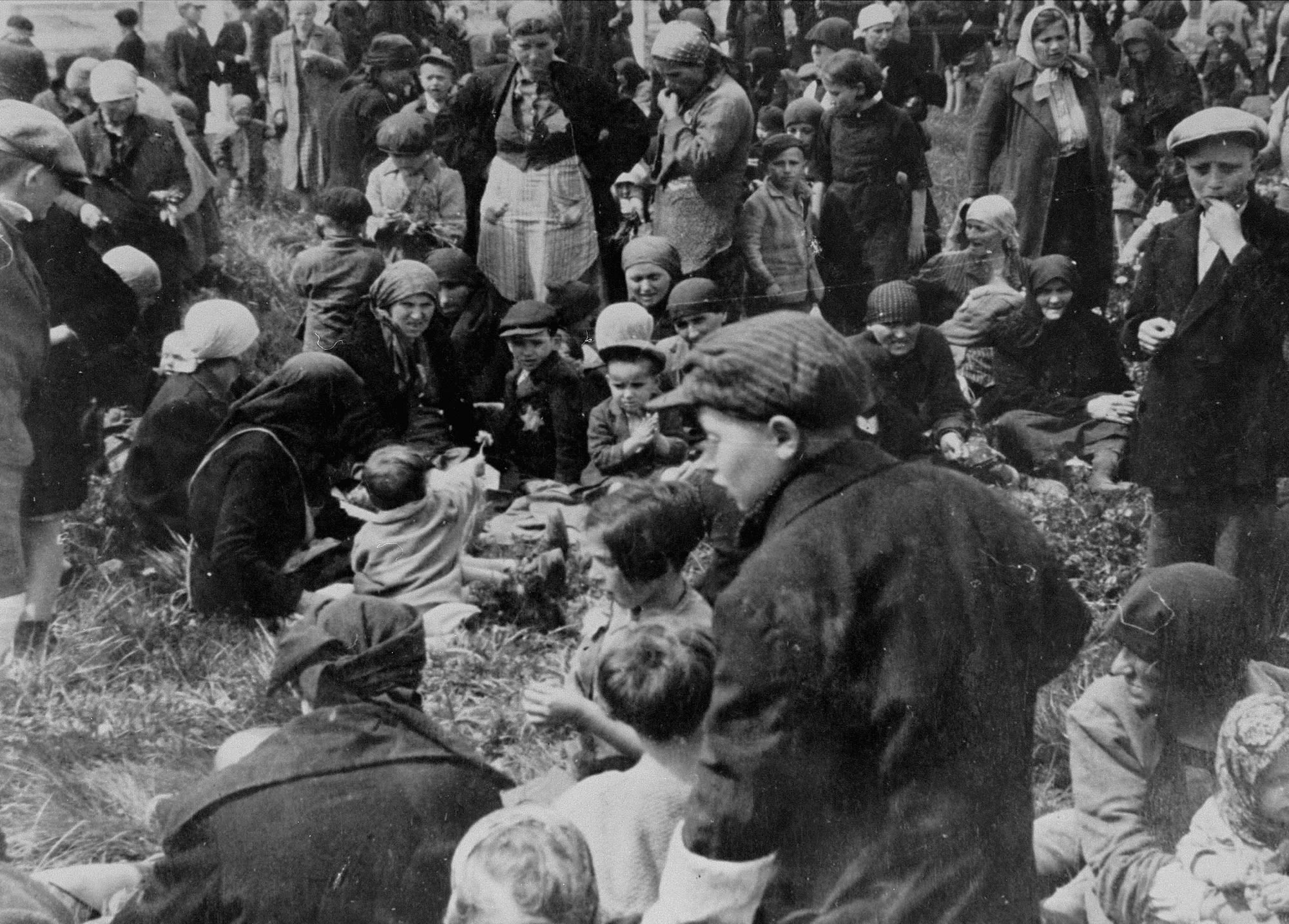 Jewish prisoners wait in a clearing near a grove of trees before being led to the gas chambers in May 1944.