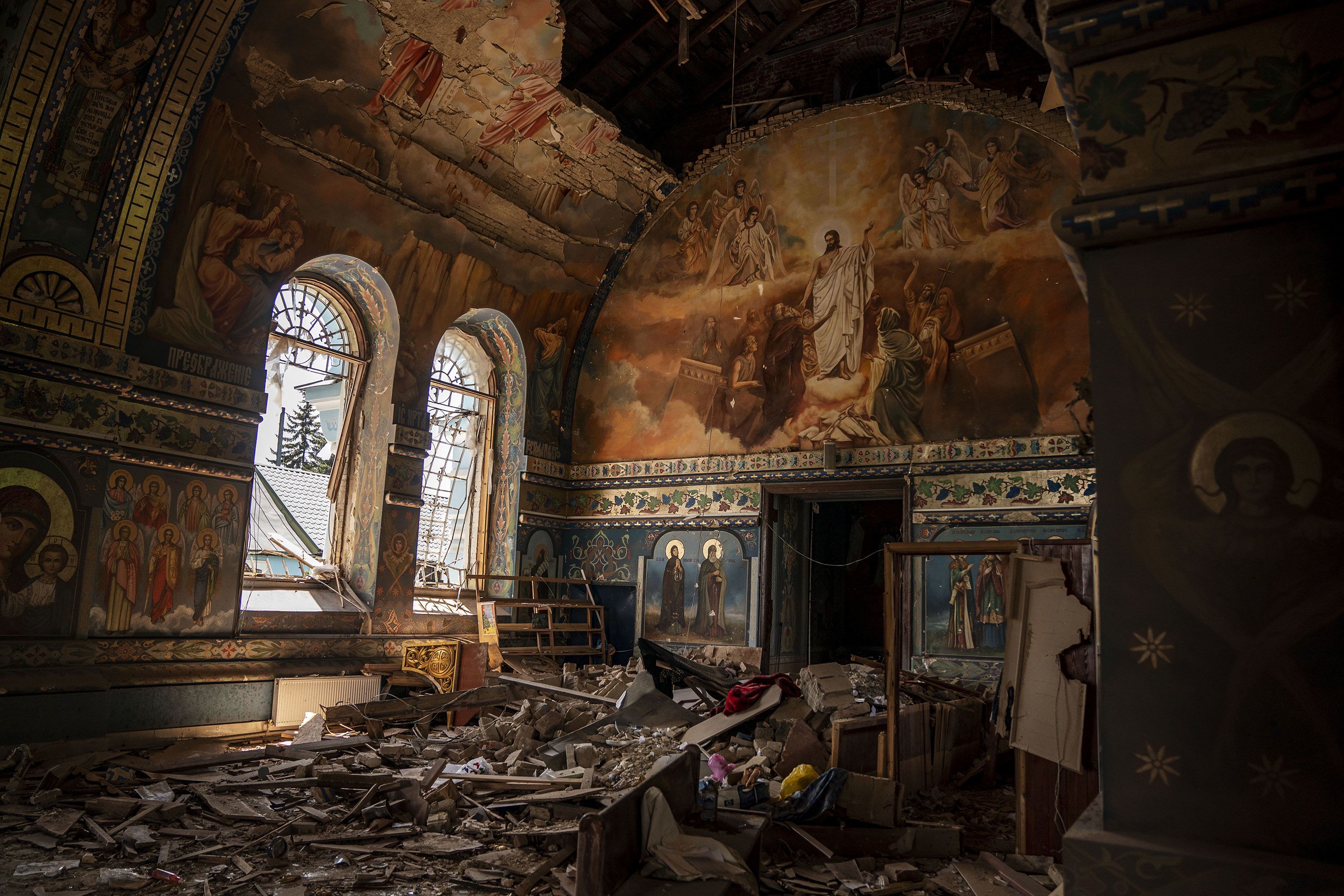 Damage caused by Russian shelling is seen inside the Church of the Nativity of the Blessed Virgin Mary, a 110-year-old church in Novoekonomichne, Ukraine, on Thursday, July 11.