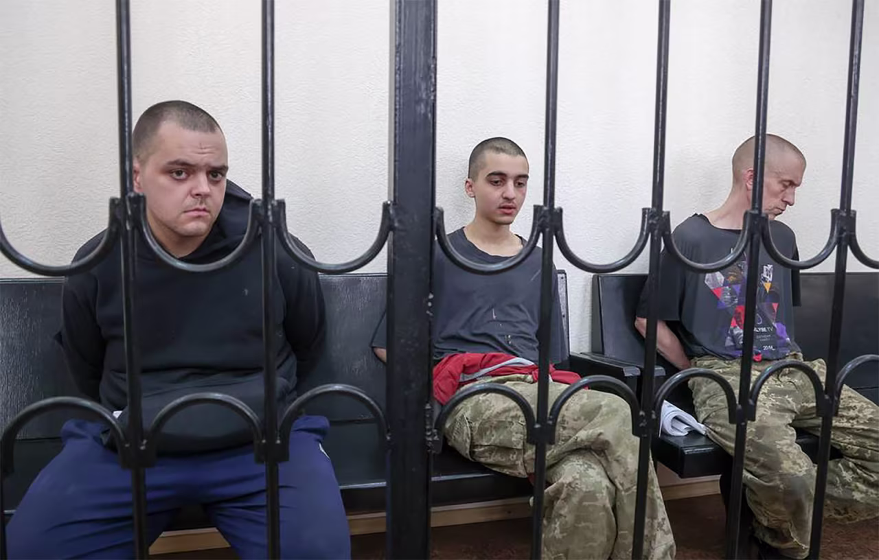 From left to right: Aiden Aslin, Brahim Saadoune and Shaun Pinner were sentenced to death on Thursday.