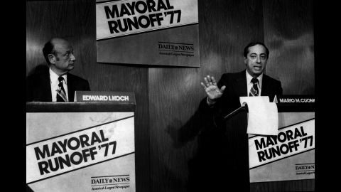 Democratic mayoral candidates Ed Koch, left, and Cuomo take part in a debate at the New York Daily News. 