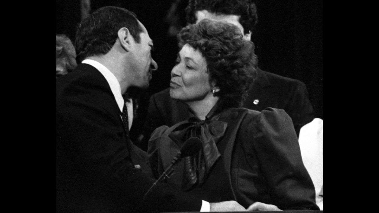 Cuomo kisses his wife, Matilda, during his inauguration as New York governor in 1983. 