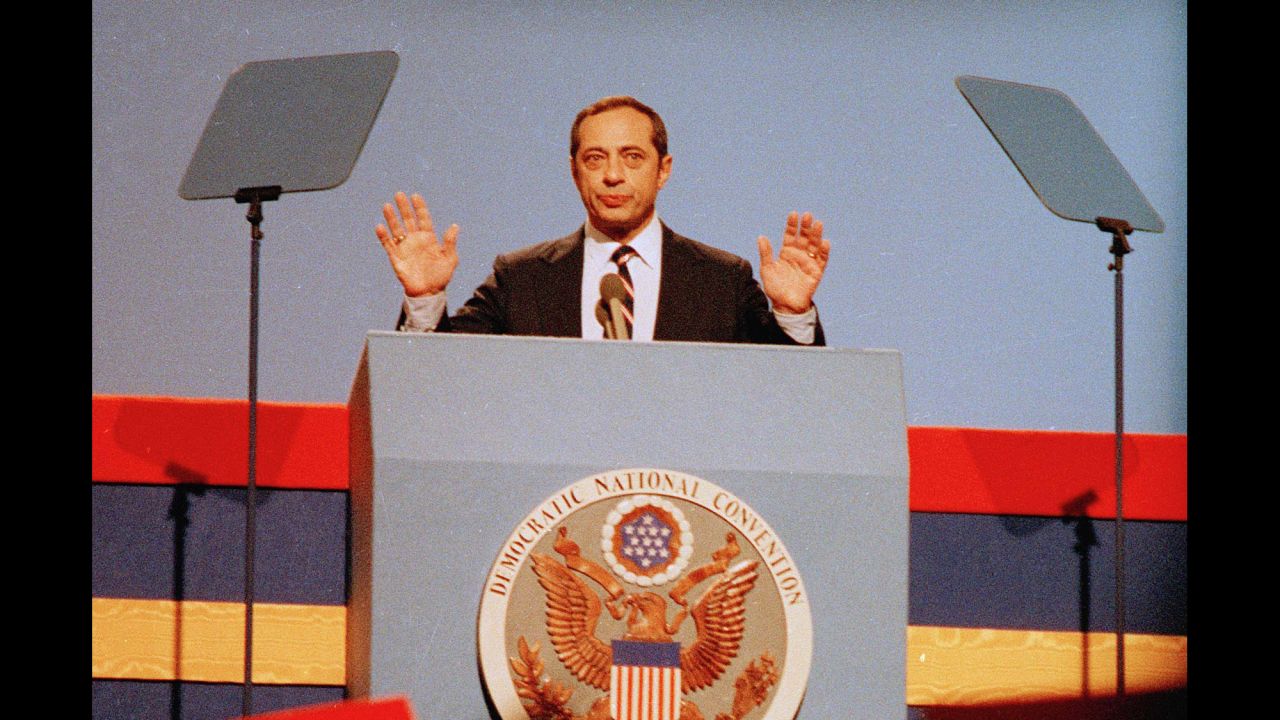 Cuomo delivers his keynote address to the Democratic National Convention on July 16, 1984, in San Francisco. The speech garnered Cuomo national attention and sparked talk of him making a presidential run. He later declined to run. 