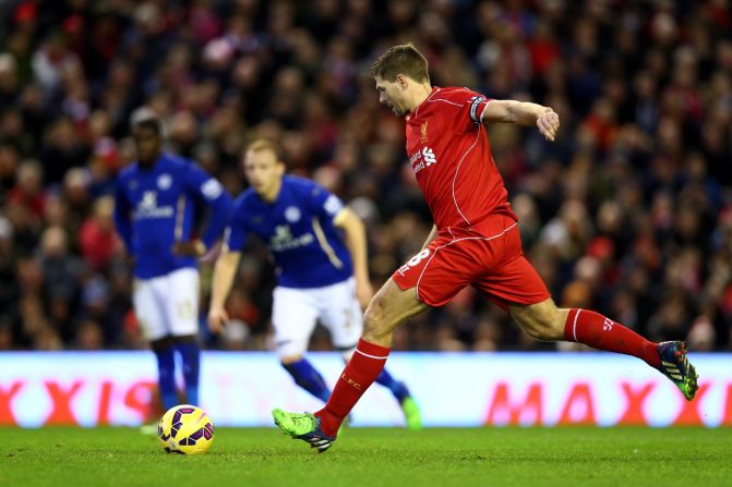 Liverpool's Steven Gerrard converted two penalties in Thursday's 2-2 draw at Anfield versus Leicester. This was Gerrard's last outing during the Premier League's festive period, since he will be leaving the league at the end of the season.