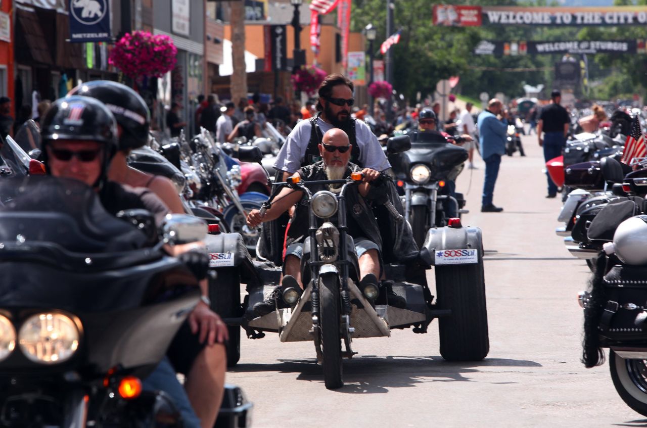 Bikers roar down Main Street during the annual Sturgis Motorcycle Rally.