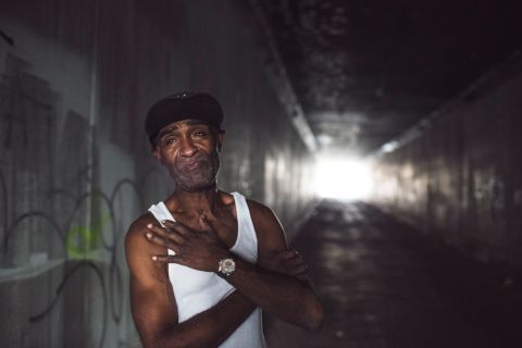 Tracey has been homeless for seven years and lives in a tent along the L.A. River. He has AIDS and cancer. He sings in the tunnel leading to the river because the acoustics are better. He says he once was a singer. Now he survives by finding food in the Dumpsters of restaurants, markets and produce vendors. He also cares for other homeless people, helping feed them. We walk around downtown, have dinner together and an amazing conversation about life.