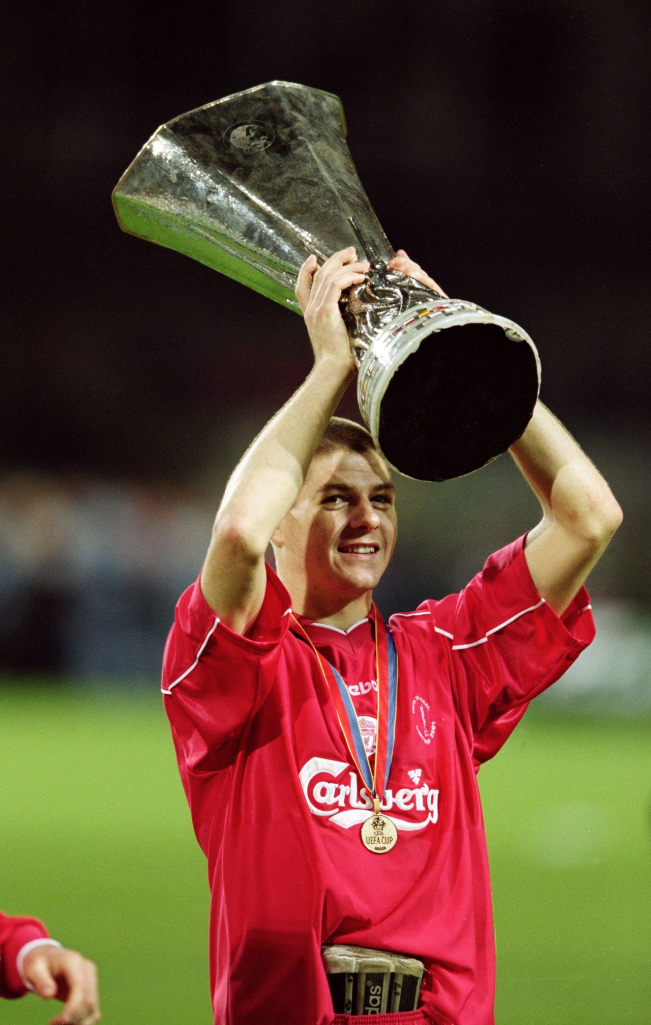 Gerrard won eight trophies with Liverpool, including two FA Cups, three League Cups and the UEFA Cup (pictured) in 2001. A much-coveted Premier League title remains elusive although the Reds came close to winning in 2009 under coach Rafa Benitez and last season under Brendan Rodgers.  