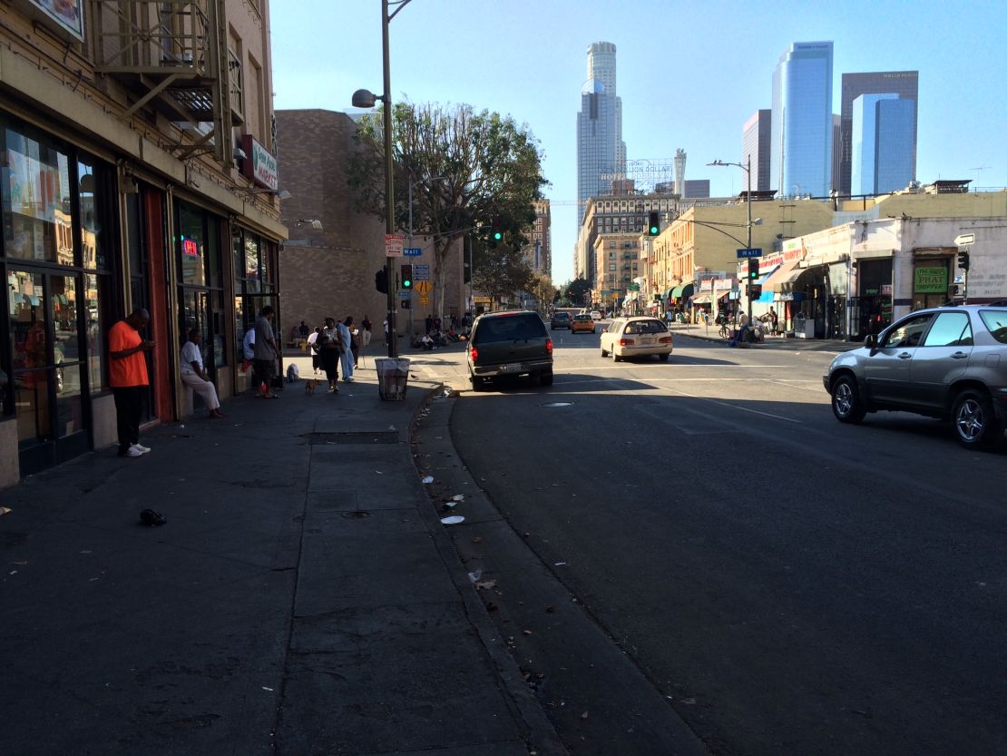 Skid Row is just a few short blocks from the gleaming office towers of downtown Los Angeles. 