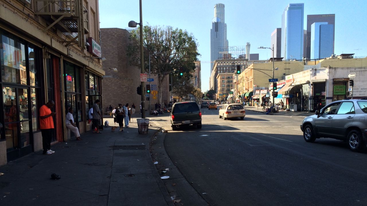 Skid Row is just a few short blocks from the gleaming office towers of downtown Los Angeles. 